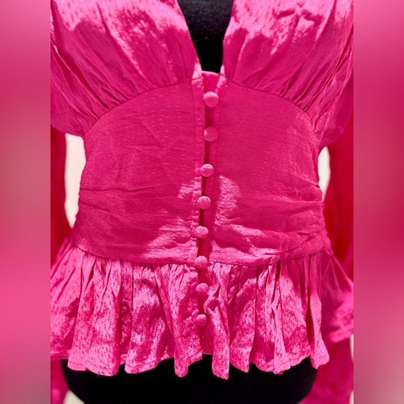 ROTATE Birgerchristensen Fushia long sleeve button v neck top - Picture 4 of 9